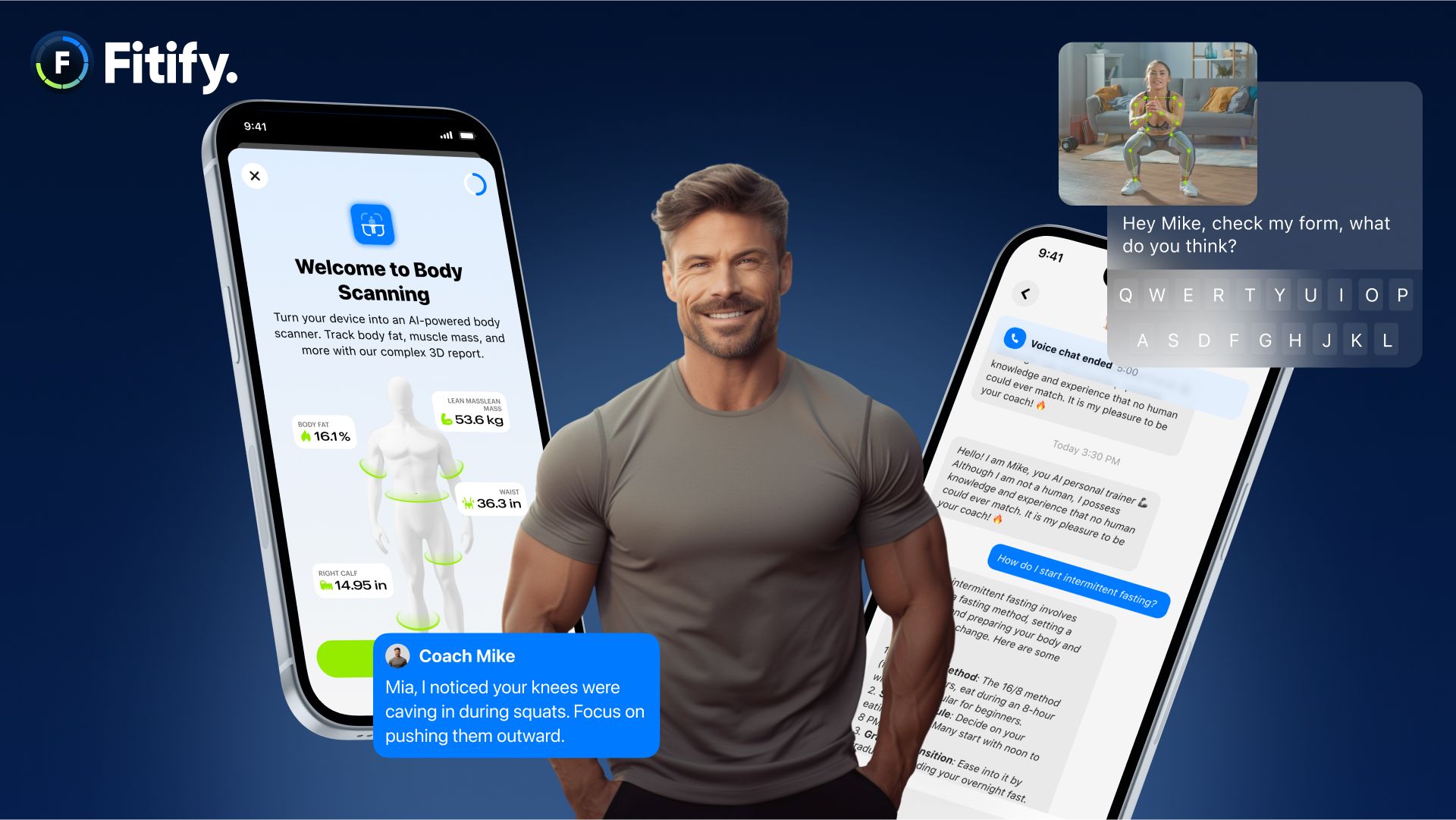 Fitify AI Coach powered by GPT-5, showing body scan results, chat feedback on exercise form, and friendly trainer guidance.